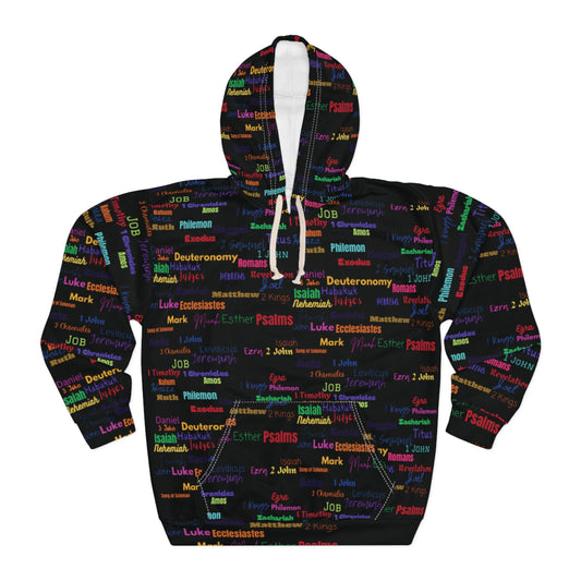 Colorful Scripture Word Cloud Black Unisex Pullover Hoodie, Cozy Sweatshirt, Religious Gift, Bible Study Apparel, AOP Hoodie