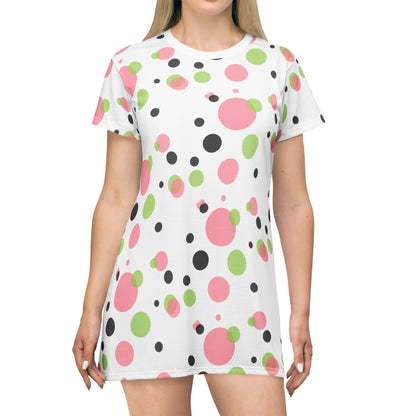 Polka Dot Blank Blk T-Shirt Dress, Pink Green Women's Clothing, Cute Summer Sundress, Casual Midi Dress, Polka Dot Fashion Apparel