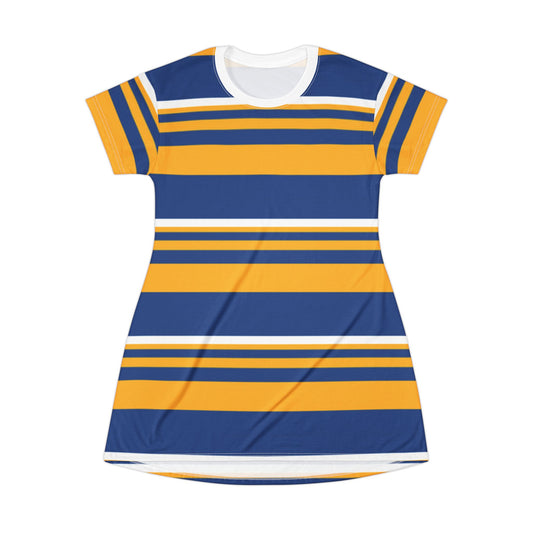 Blue & Gold Stylish Striped T-Shirt Dress for Casual Outings | Perfect for Summer, Sports Events, Parties, Gifts