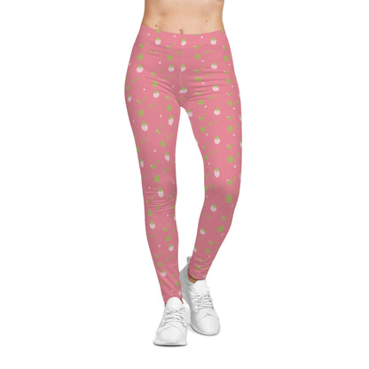 Pink Background Polka Dot Leggings, Women's Leggings, Casual Pants, Pink and Green Leggings, Bold Patterned Tights