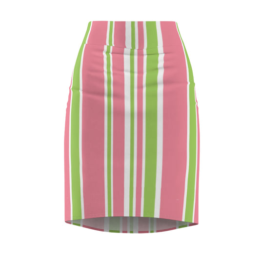Striped Pencil Skirt: Pink and Green Women's Fashion Officewear Apparel