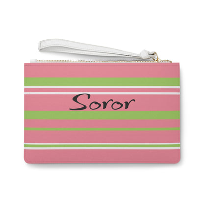 Soror Pink Stripe Faux Leather Clutch: Saffiano Pattern Wristlet