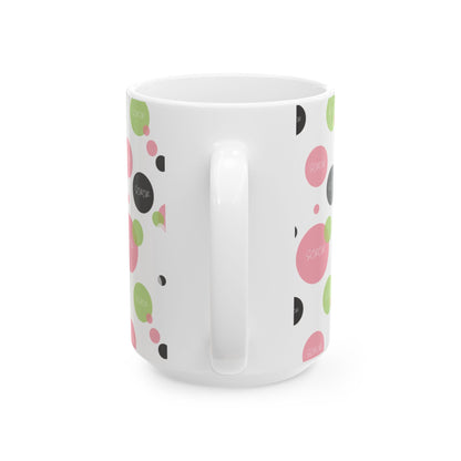 Soror Mug, Cheerful Pink Green Black Dots, Word Soror, Kitchenware, Drinkware, Coffee Cup, Tea Mug, Home Decor