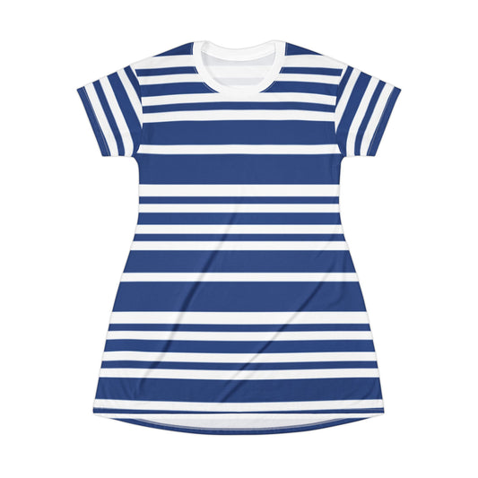 Blue & White Stylish Striped T-Shirt Dress for Casual Outings | Perfect for Summer, Sports Events, Parties, Gifts