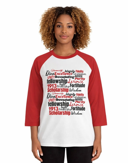 Divine Ladies Baseball Tee — Sorority Word Cloud Graphic | FirstGen Designs