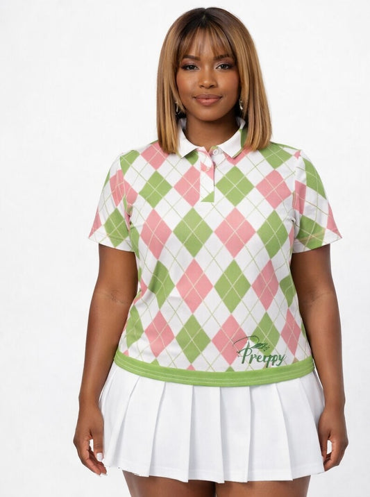 Divine Ladies Polo Shirt — Pink & Green Argyle Preppy | FirstGen Designs