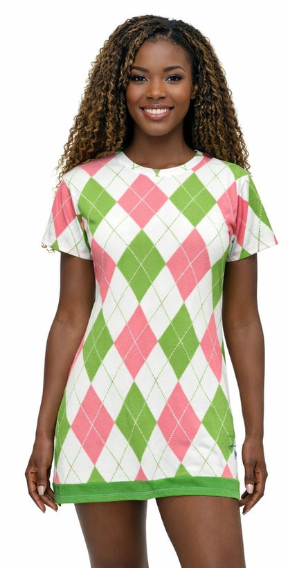 Divine Ladies T-Shirt Dress | Pink And Green Argyle | FirstGen Designs
