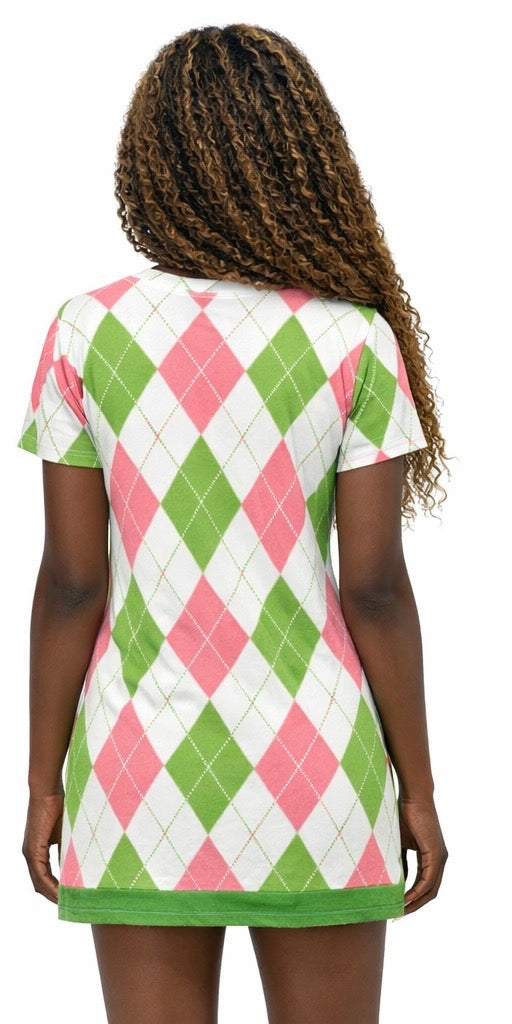 Divine Ladies T-Shirt Dress | Pink And Green Argyle | FirstGen Designs