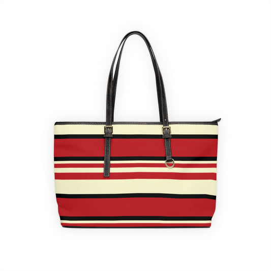 Crimson Striped PU Leather Shoulder Bag: Trendy Everyday Tote
