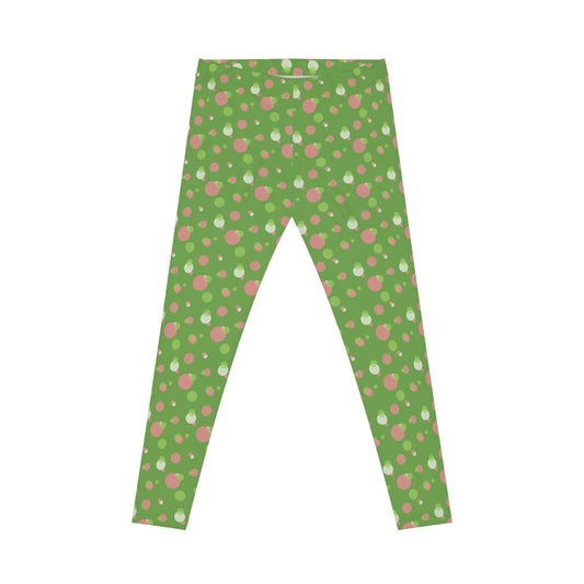 Green Background Polka Dot Leggings, Women's Leggings, Casual Pants, Pink and Green Leggings, Bold Patterned Tights