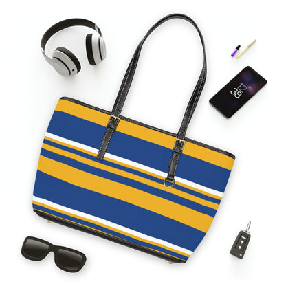 Blue Gold Striped PU Leather Shoulder Bag: Chic Everyday Tote