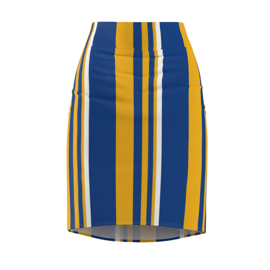 Blue and Gold Striped Pencil Skirt, Women's Fashion Clothing, Office Wear Apparel, Knee Length Skirt for Work, Stretchy Bodycon Skirt,