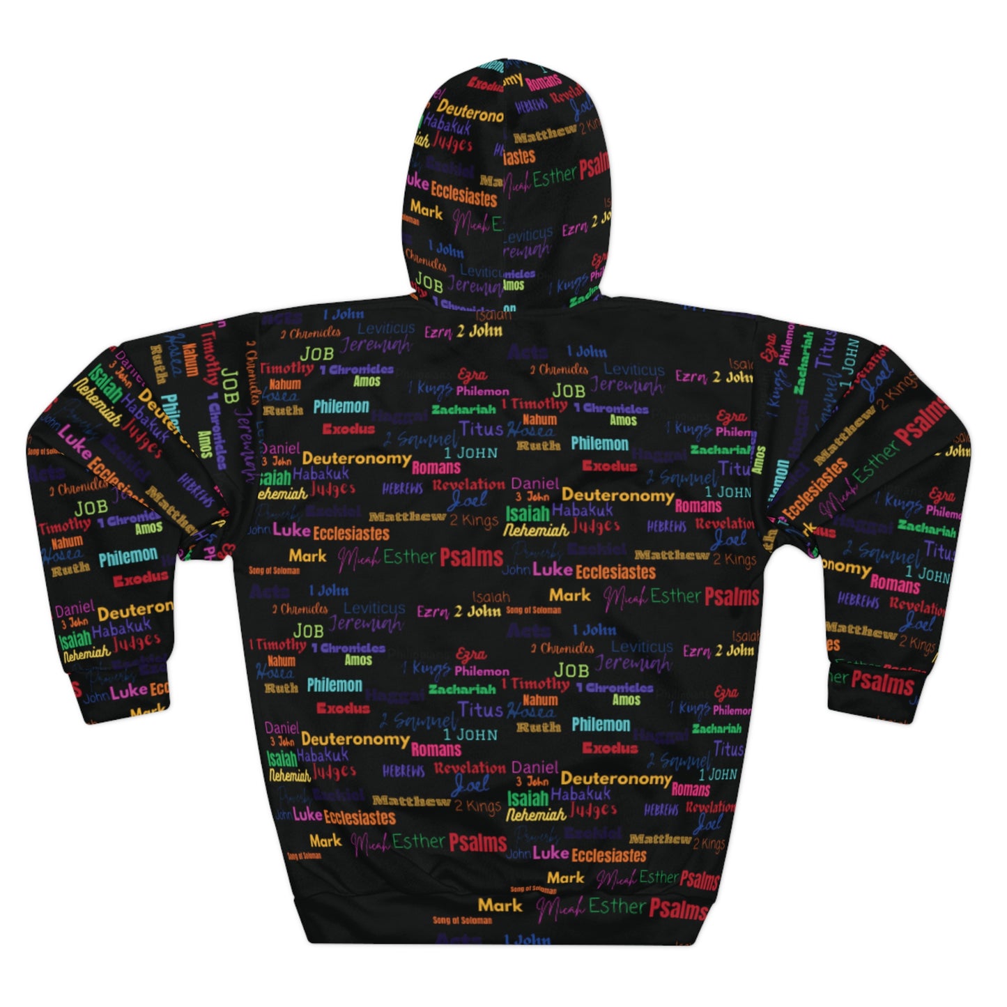 Colorful Scripture Word Cloud Black Unisex Pullover Hoodie, Cozy Sweatshirt, Religious Gift, Bible Study Apparel, AOP Hoodie