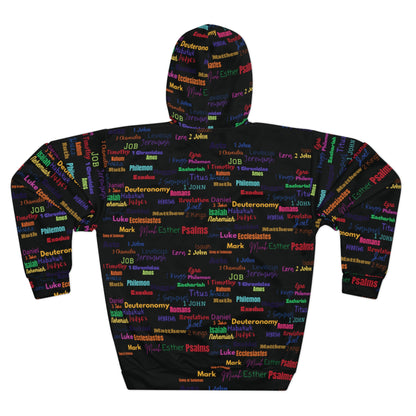 Colorful Scripture Word Cloud Black Unisex Pullover Hoodie, Cozy Sweatshirt, Religious Gift, Bible Study Apparel, AOP Hoodie