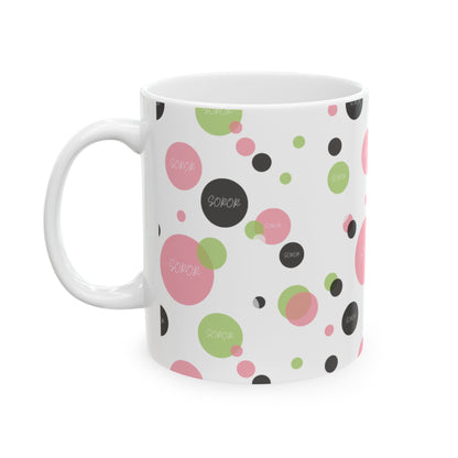 Soror Mug, Cheerful Pink Green Black Dots, Word Soror, Kitchenware, Drinkware, Coffee Cup, Tea Mug, Home Decor