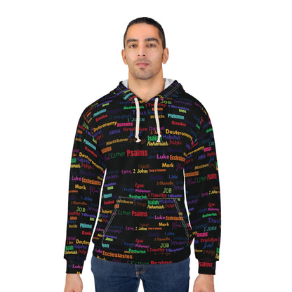 Colorful Scripture Word Cloud Black Unisex Pullover Hoodie, Cozy Sweatshirt, Religious Gift, Bible Study Apparel, AOP Hoodie