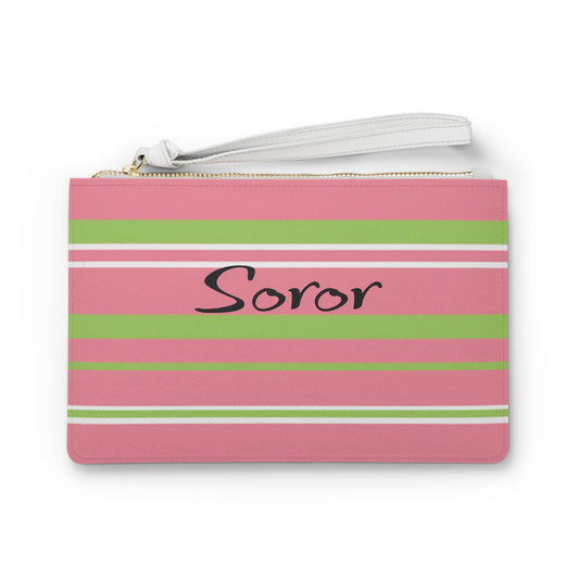 Soror Pink Stripe Faux Leather Clutch: Saffiano Pattern Wristlet