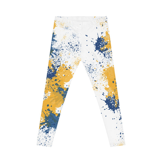 Spray Paint Leggings, Trendy Stretch Pants for Women, Blue Gold Workout Yoga Tights, Fashionable Athleisure Wear, Abstract Print Leggings,