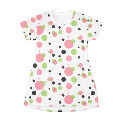 Polka Dot Blank Blk T-Shirt Dress, Pink Green Women's Clothing, Cute Summer Sundress, Casual Midi Dress, Polka Dot Fashion Apparel
