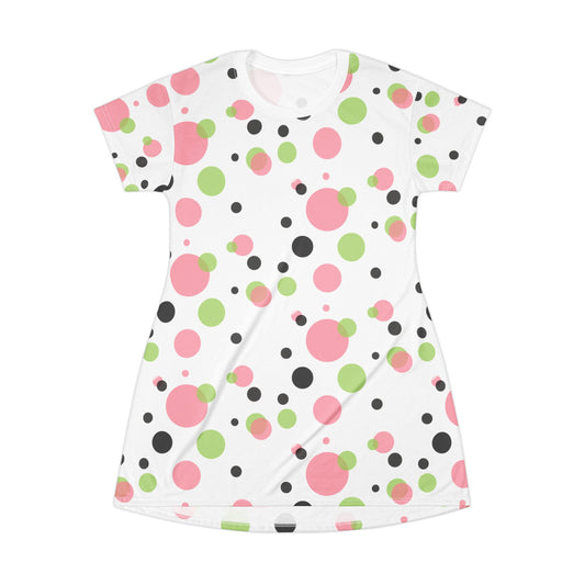 Polka Dot Blank Blk T-Shirt Dress, Pink Green Women's Clothing, Cute Summer Sundress, Casual Midi Dress, Polka Dot Fashion Apparel