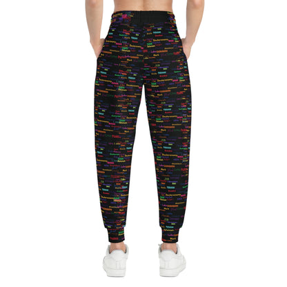 Colorful Patterned Black Athletic Joggers, Trendy Activewear, Comfortable Lounge Pants, Sporty Casual Wear, Unique Jogging Pants