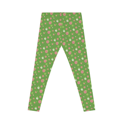 Green Background Polka Dot Leggings, Women's Leggings, Casual Pants, Pink and Green Leggings, Bold Patterned Tights