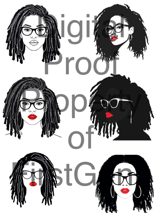 Black Women Silhouettes & Line Art – Dreadlocks, Glasses & Red Lipstick | Digital Download Bundle