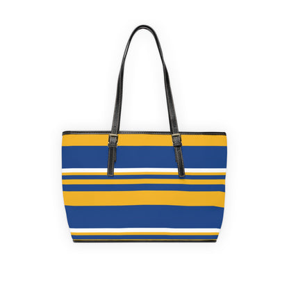 Blue Gold Striped PU Leather Shoulder Bag: Chic Everyday Tote